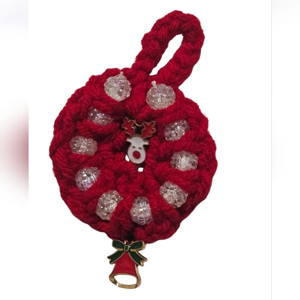 Hand Crafted Hand Crochet Christmas ornaments red beaded 8 mini holiday wreaths